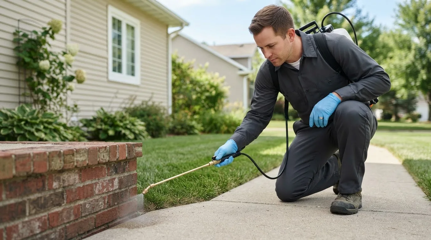 Pest control technician treating a home near Longville, MN